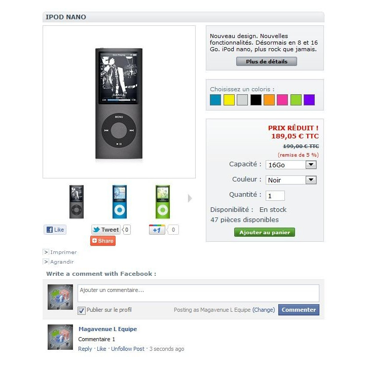 Pack partage panier Facebook, commentaires, widget, boutique