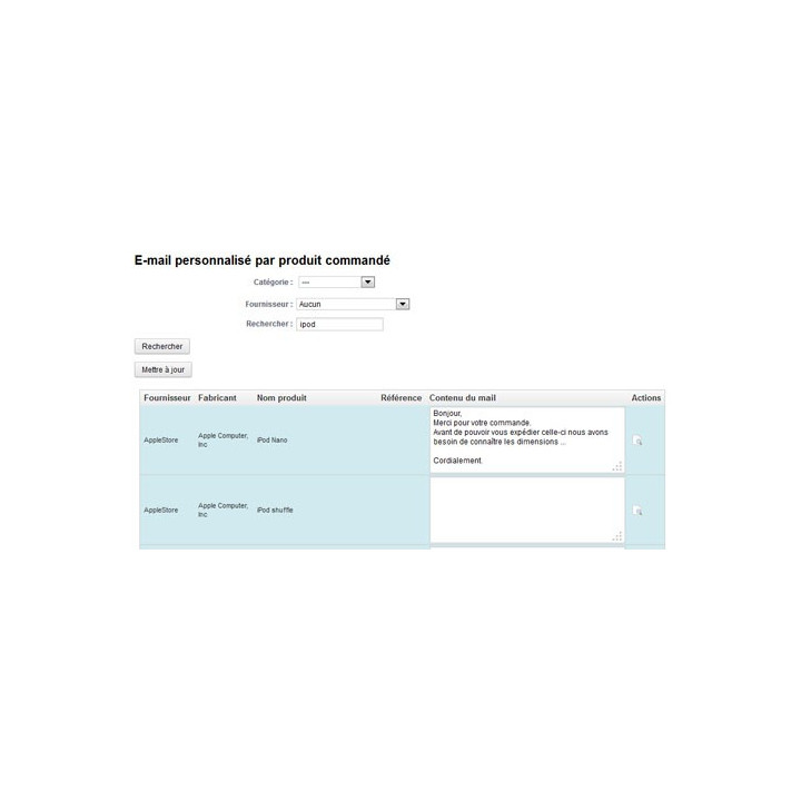 E-mails personnalisés par produit commandés