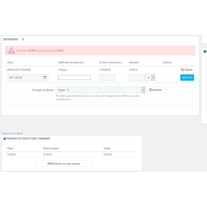 Régler le solde d’une commande Prestashop