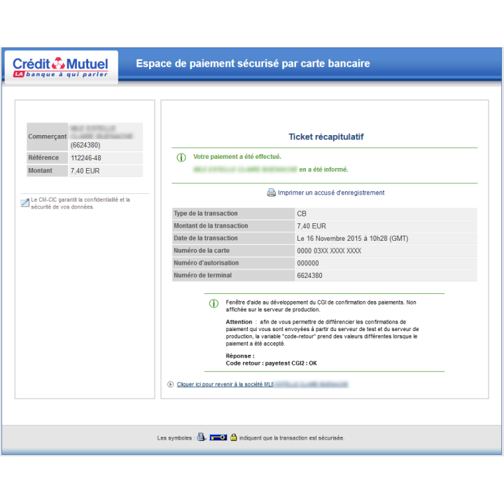 paiement validé tpe CIC - Monetico