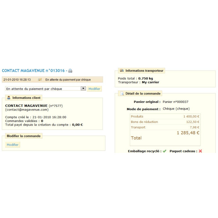 Modifier une commande Prestashop